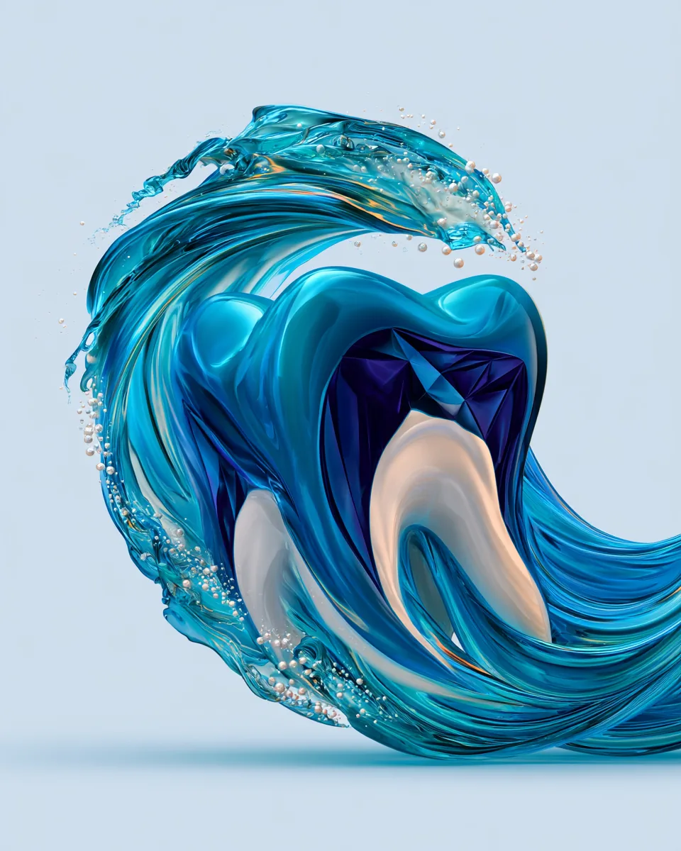 Interpretazione artistica di un dente avvolto da un flusso d’acqua, dedicata all’igiene orale