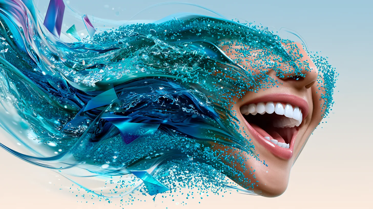 Sorriso luminoso avvolto da un flusso cromatico acquamarina e viola SPZ