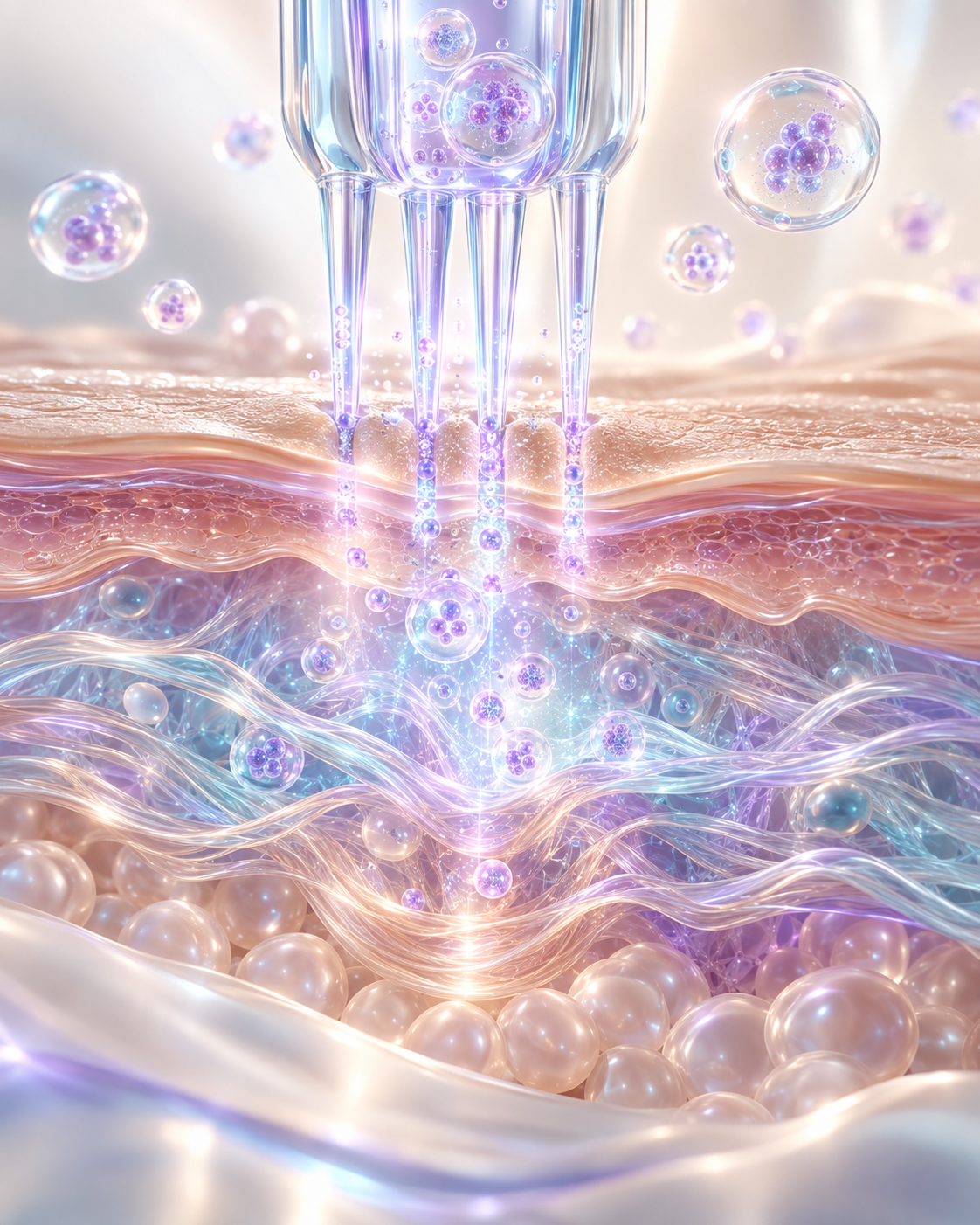 Illustrazione concettuale di microcanali cutanei, vescicole extracellulari e matrice della pelle